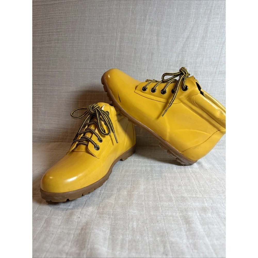 Lands' End Rain Boots Sz Woman 9/10 Yellow Rubber Ankle Lace Up Waterproof‎ Duck